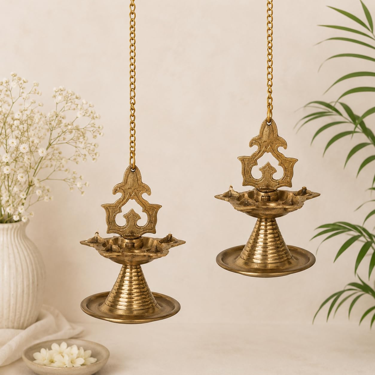 Traditional brass Thooku Vilakku hanging oil lamp with chain for pooja decor-Artycraftz.com
