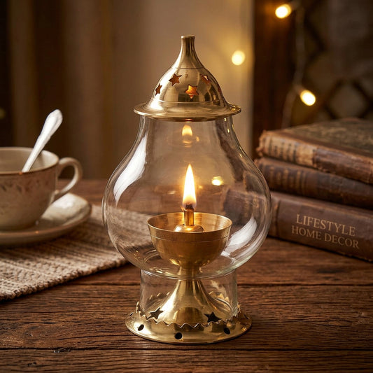 Traditional brass oil lamp with a clear glass chimney and decorative brass top, measuring 5.2 inches tall-artycraftz.com