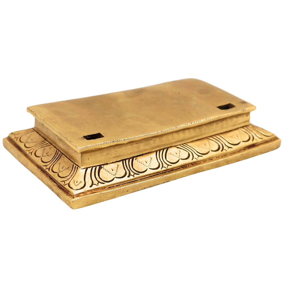 Traditional golden brass chowki with raised rectangular platform and engraved decorative patterns, 19 cm-arttycraftz.com