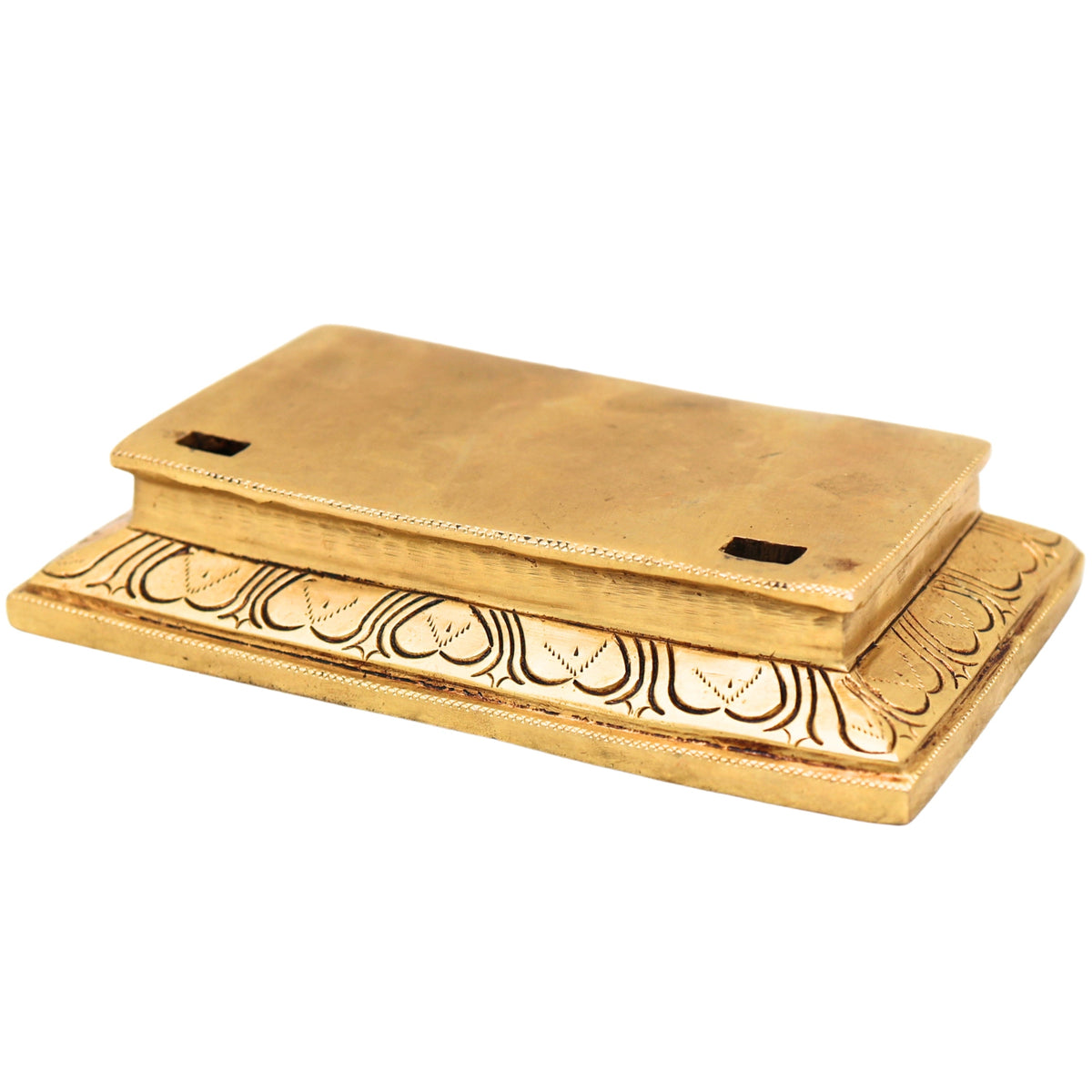 Traditional golden brass chowki with raised rectangular platform and engraved decorative patterns, 19 cm-arttycraftz.com