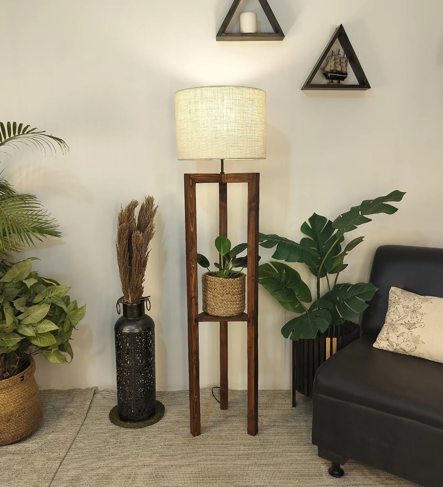 Triad Wooden Floor Lamp with Brown Base and Beige Fabric Lampshade - ArtyCraftz.com