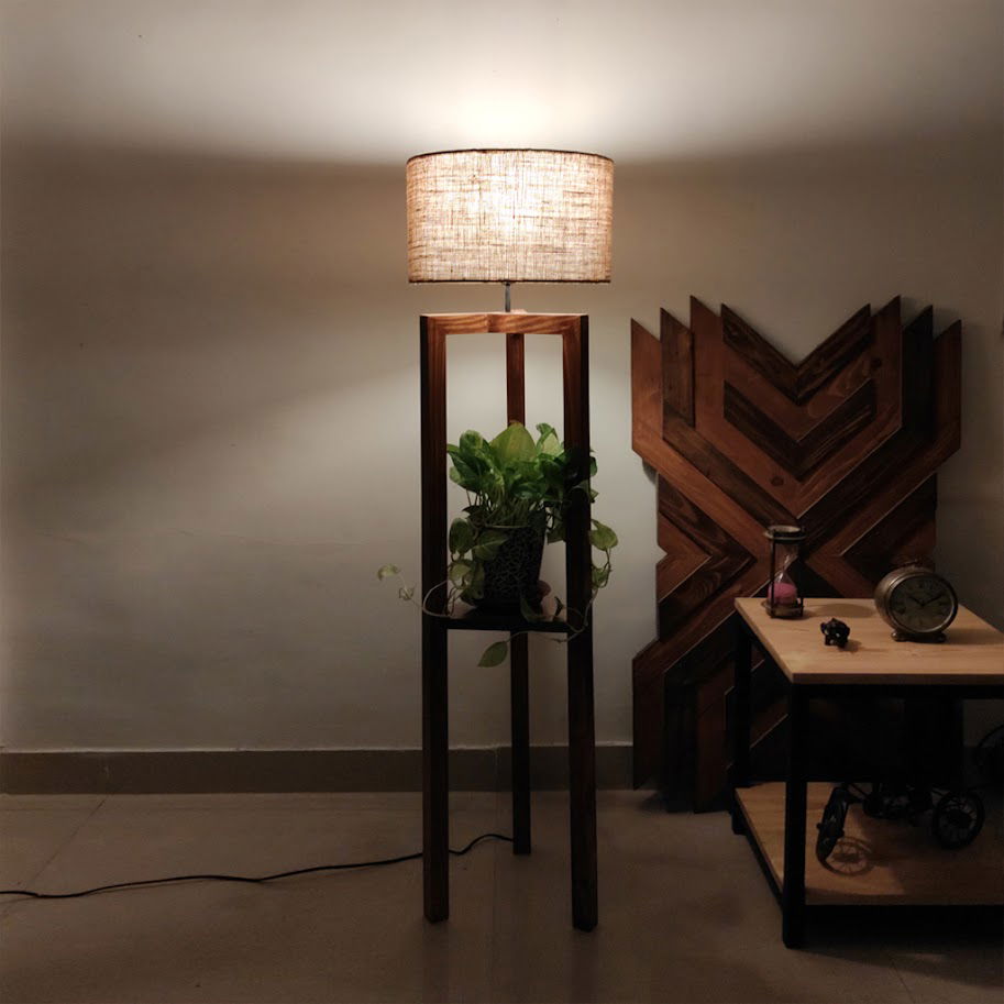 Triad Wooden Floor Lamp with Brown Base and Beige Fabric Lampshade - ArtyCraftz.com