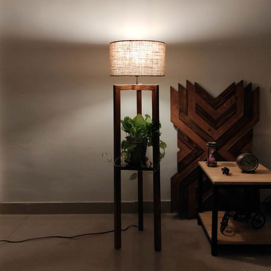 Triad Wooden Floor Lamp with Brown Base and Beige Fabric Lampshade - ArtyCraftz.com