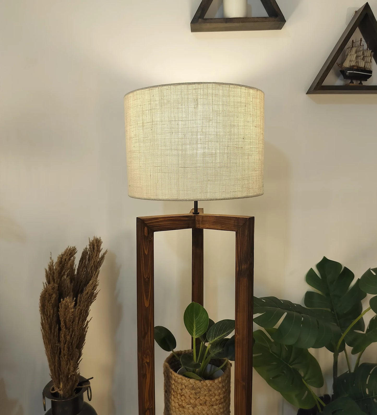 Triad Wooden Floor Lamp with Brown Base and Beige Fabric Lampshade - ArtyCraftz.com