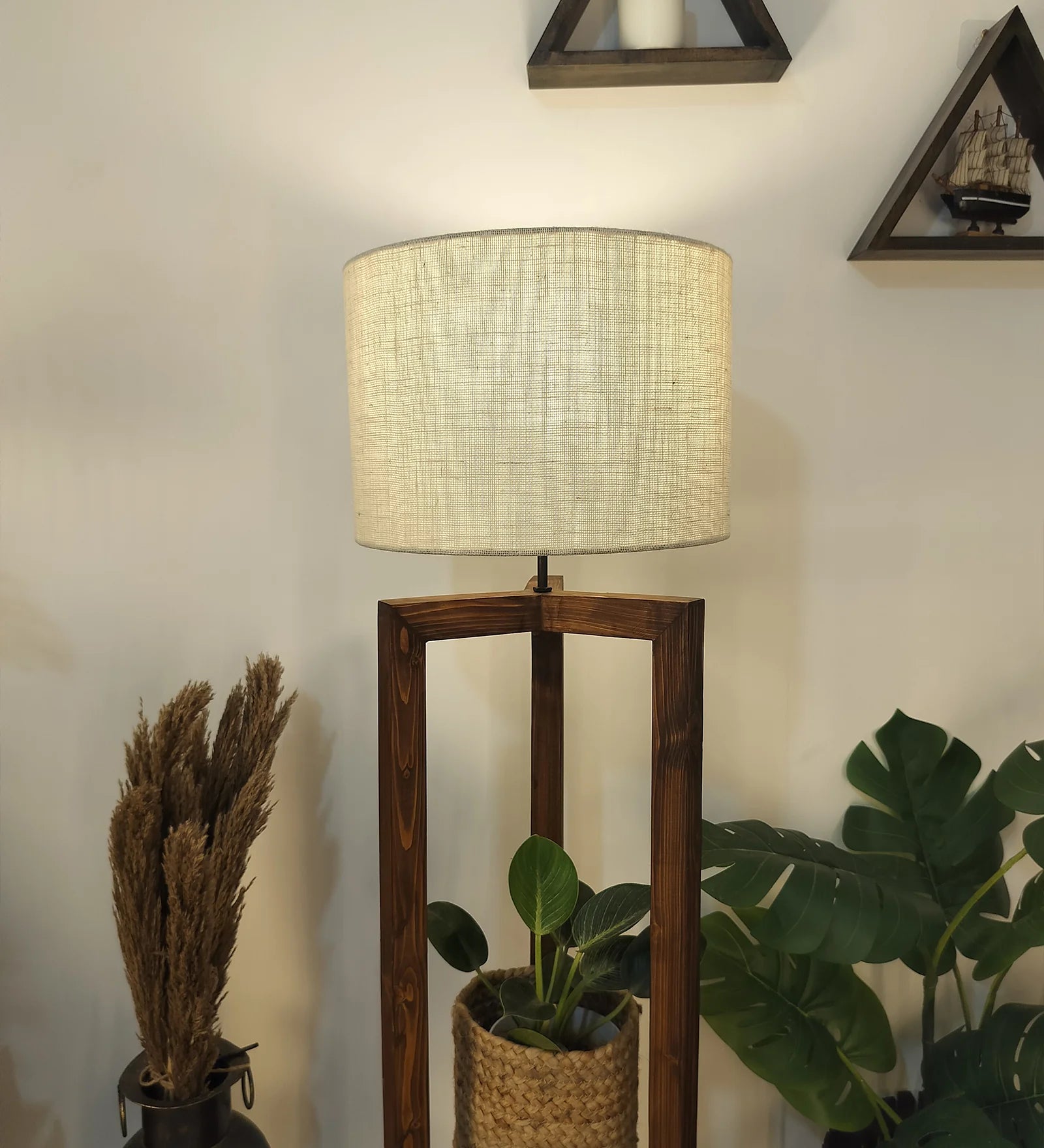 Triad Wooden Floor Lamp with Brown Base and Beige Fabric Lampshade - ArtyCraftz.com