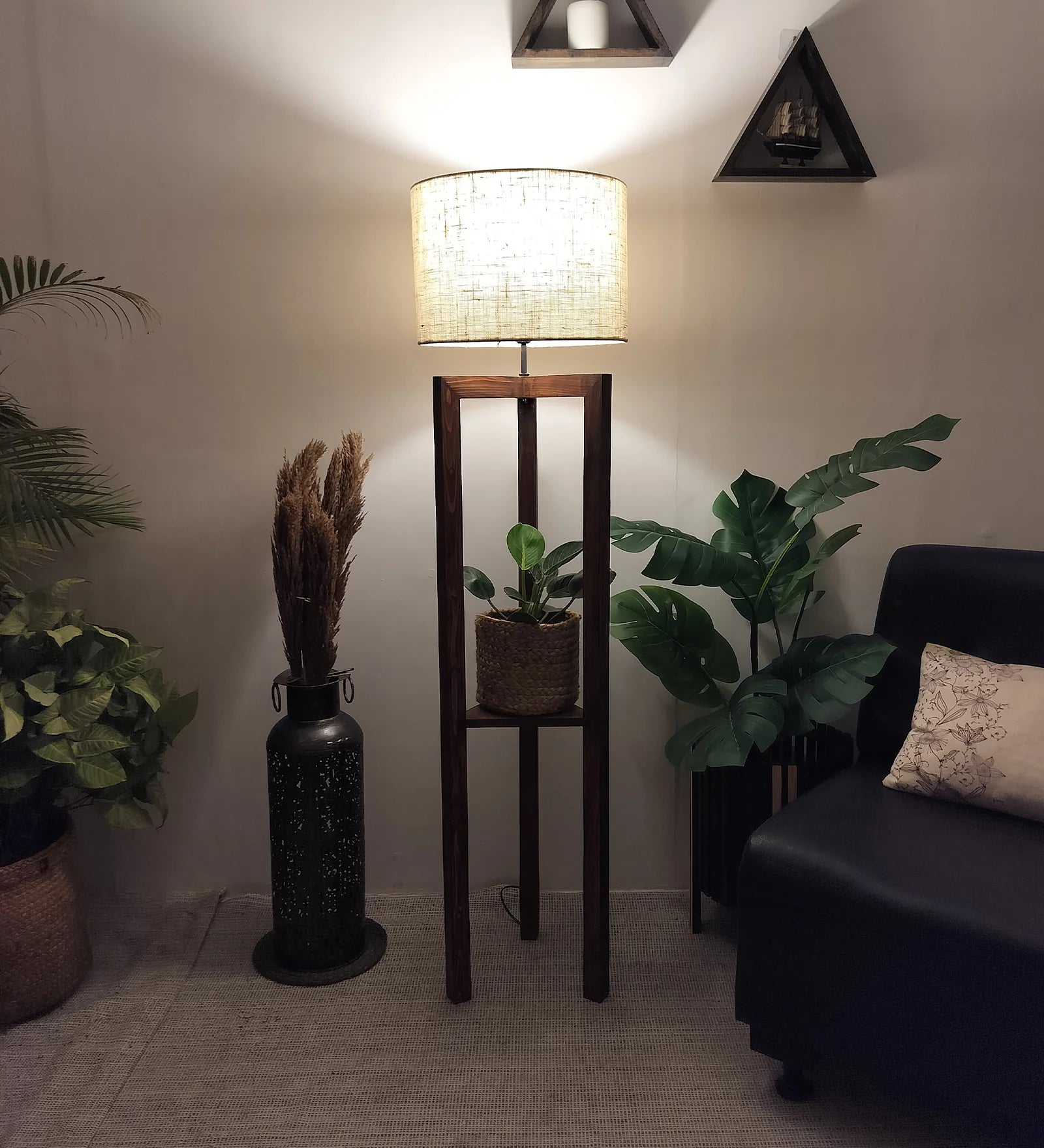 Triad Wooden Floor Lamp with Brown Base and Beige Fabric Lampshade - ArtyCraftz.com