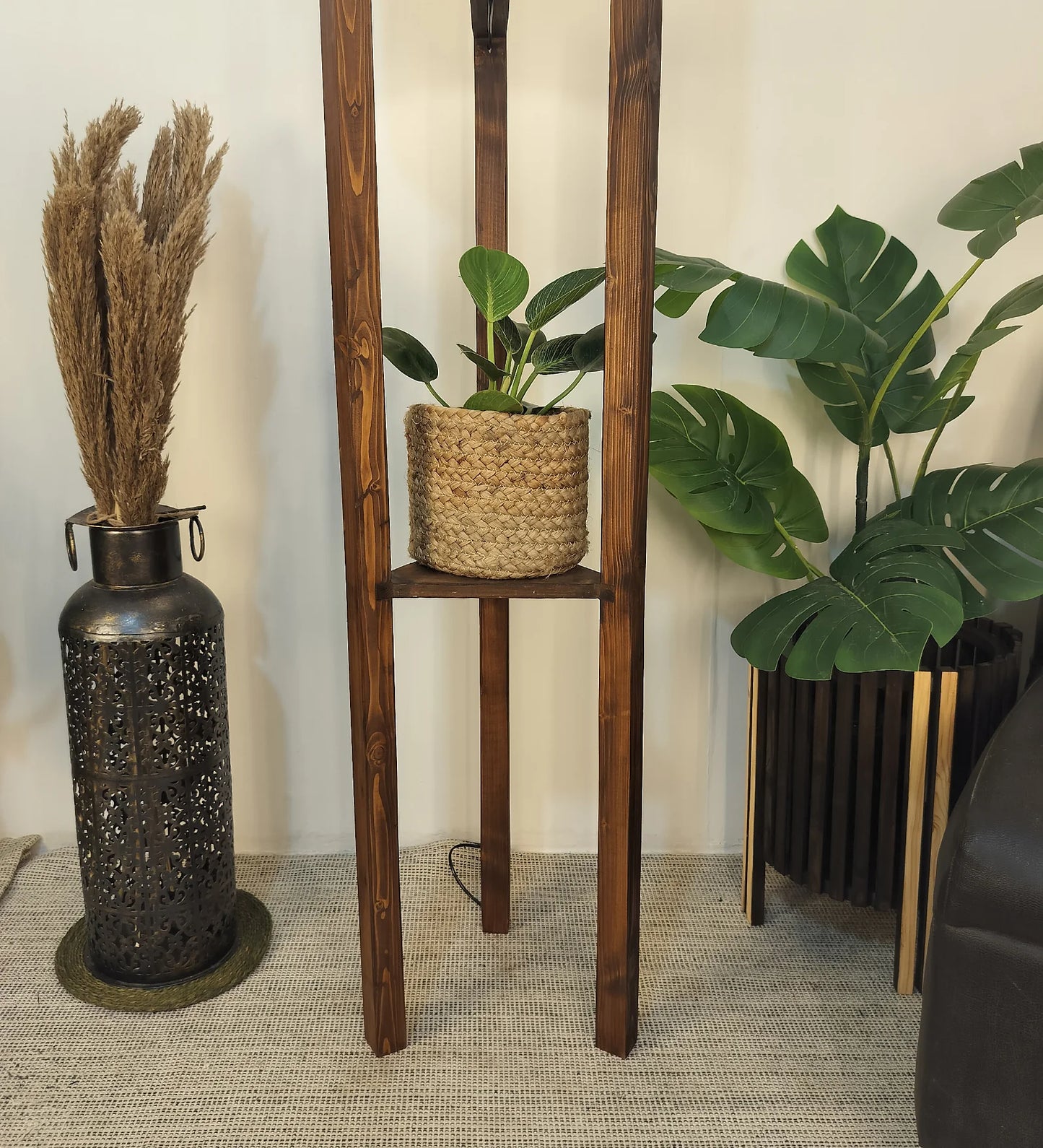 Triad Wooden Floor Lamp with Brown Base and Beige Fabric Lampshade - ArtyCraftz.com