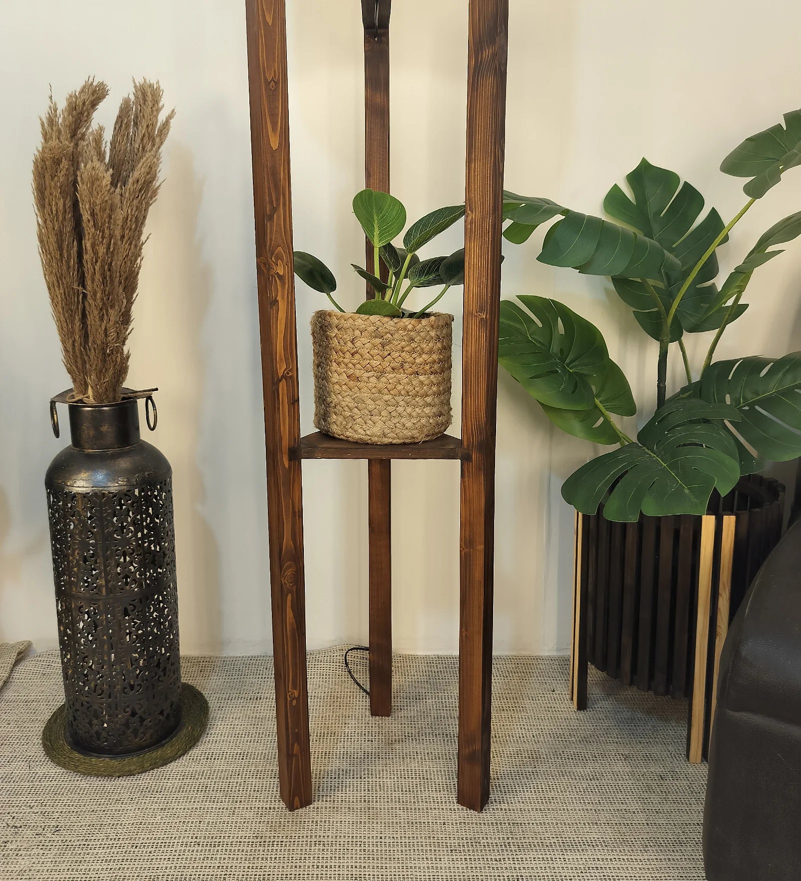 Triad Wooden Floor Lamp with Brown Base and Beige Fabric Lampshade - ArtyCraftz.com