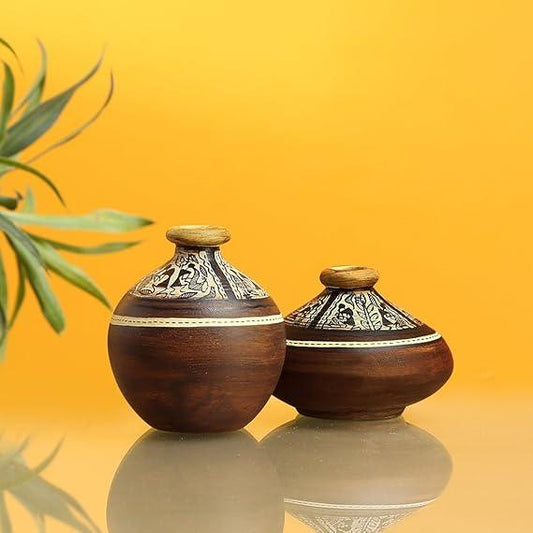 Tribal Melodies Warli Terracotta Pots In Natural Mud Brown (Set Of 2) - ArtyCraftz.com