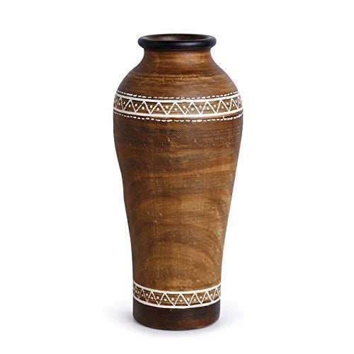 Tribal Melodies' Warli Terracotta Round Vase In Natural Mud Brown - ArtyCraftz.com