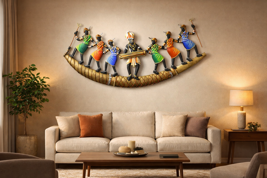 Tribal Musician Metal Wall Art – Multicolor Dancing Figures Wall Hanging