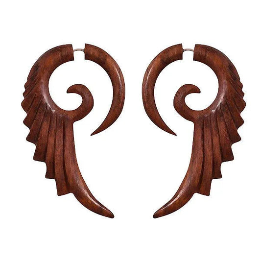 Tribal Organics Wooden Feathered Bird Style Fake Gauges Earrings, 2.8" - ArtyCraftz.com