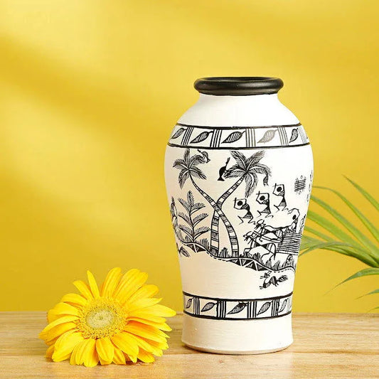 Tribal Serenity' Terracotta Vase With Warli Hand-Painting (8 Inches) - ArtyCraftz.com
