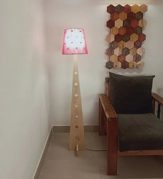 Trigo Wooden Floor Lamp with Beige Base and Red Printed Fabric Lampshade - ArtyCraftz.com
