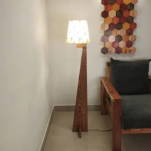 Trigo Wooden Floor Lamp with Brown Base and Yellow Printed Fabric Lampshade - ArtyCraftz.com