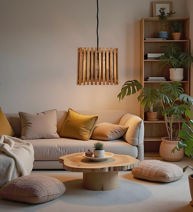 Trikona Brown Wooden Single Hanging Lamp-ArtyCraftz.com