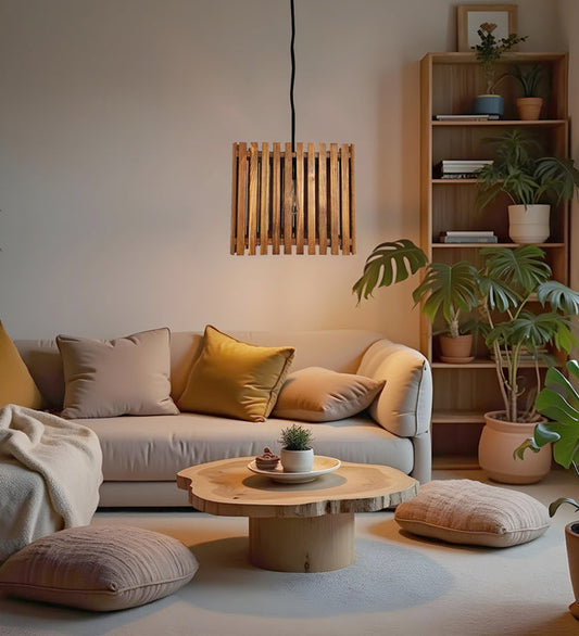 Trikona Brown Wooden Single Hanging Lamp-ArtyCraftz.com