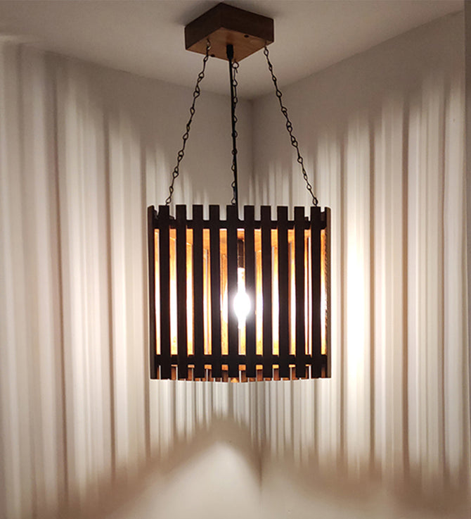 Trikona Brown Wooden Single Hanging Lamp-ArtyCraftz.com