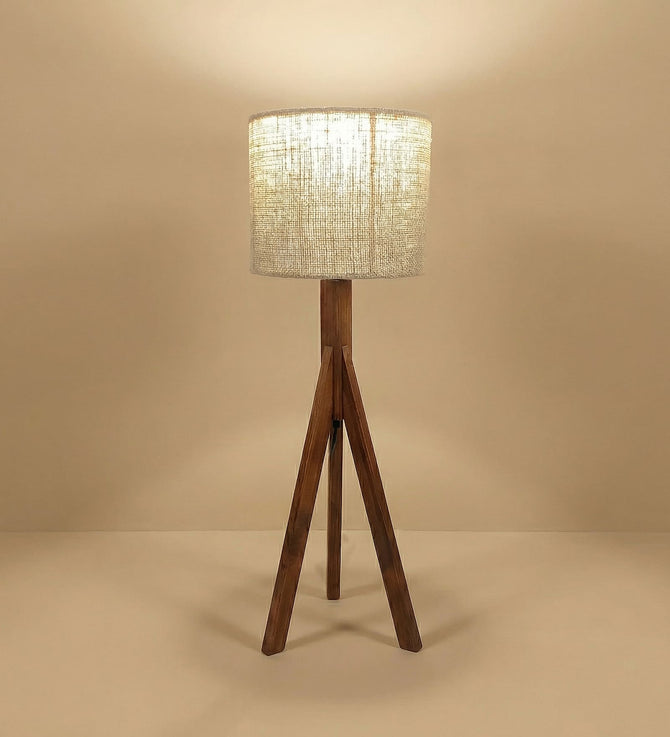 Pinewood Tripod Table Lamp with Woven Jute Drum Shade-artycraftz.com