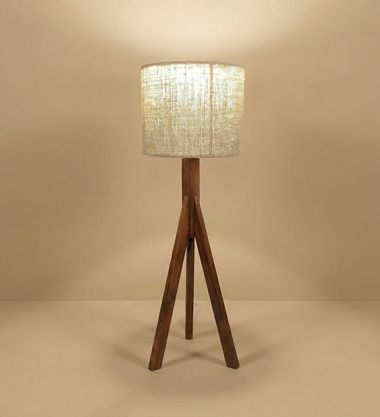 Pinewood Tripod Table Lamp with Woven Jute Drum Shade-artycraftz.com