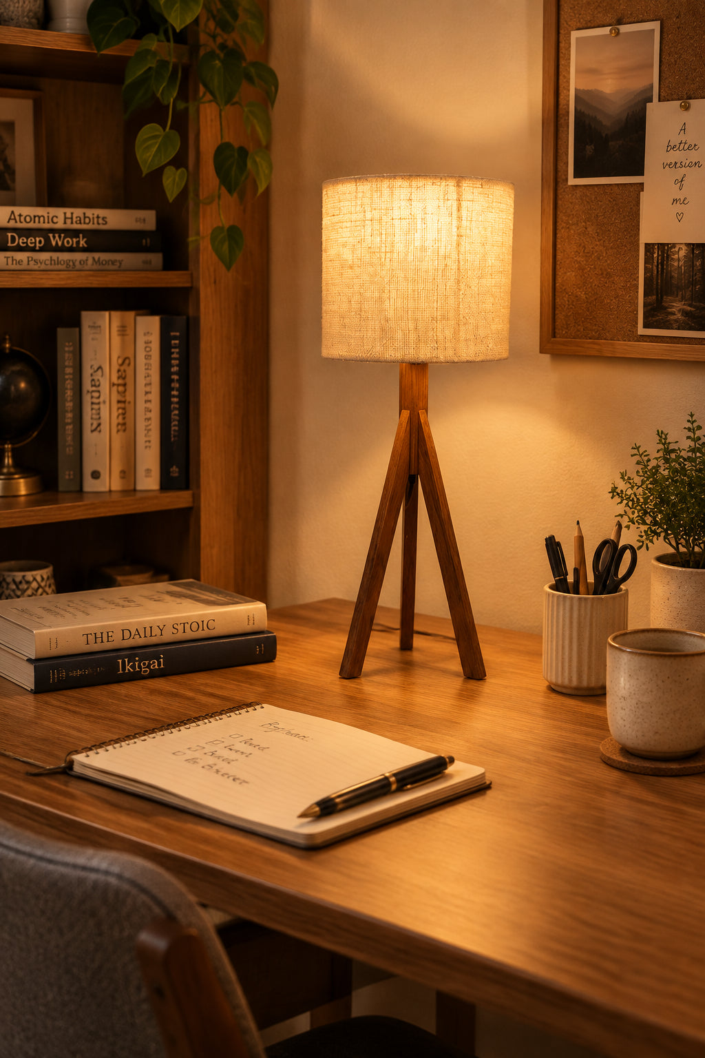 Pinewood Tripod Table Lamp with Woven Jute Drum Shade-artycraftz.com