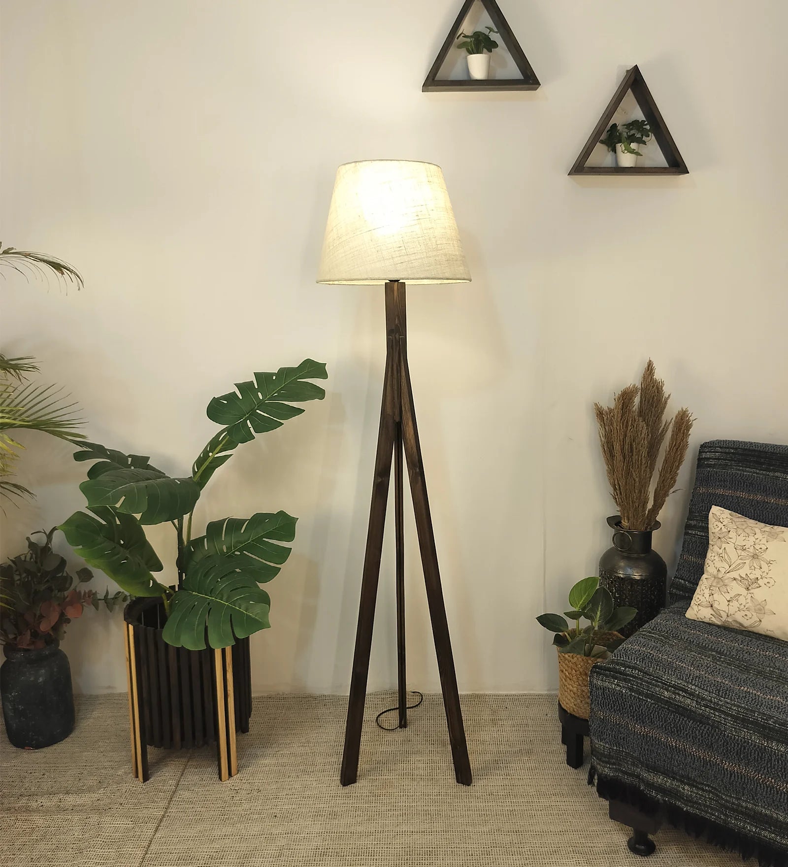 Triune Wooden Floor Lamp with Brown Base and Beige Fabric Lampshade - ArtyCraftz.com