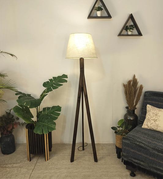 Triune Wooden Floor Lamp with Brown Base and Beige Fabric Lampshade - ArtyCraftz.com