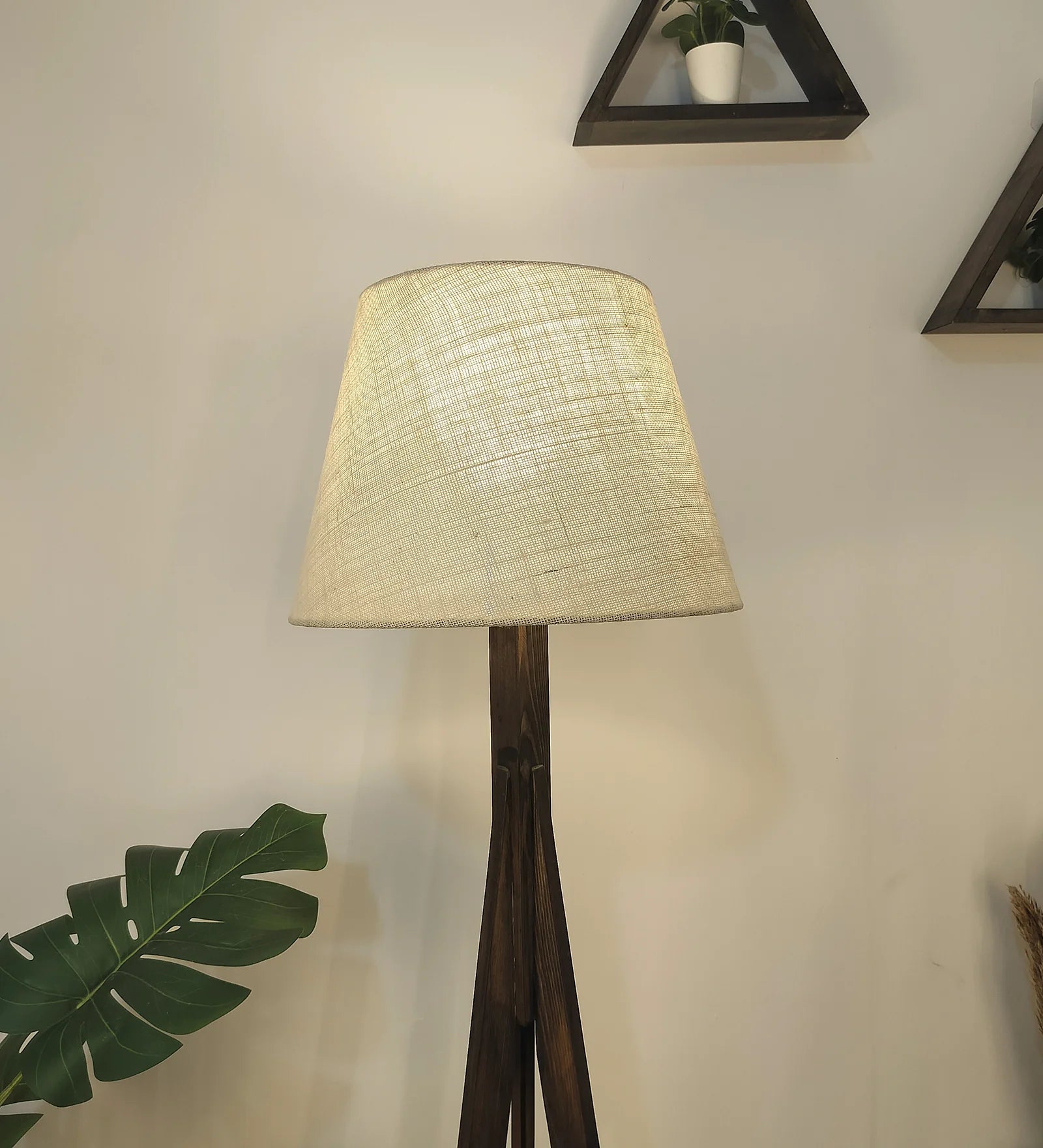 Triune Wooden Floor Lamp with Brown Base and Beige Fabric Lampshade - ArtyCraftz.com