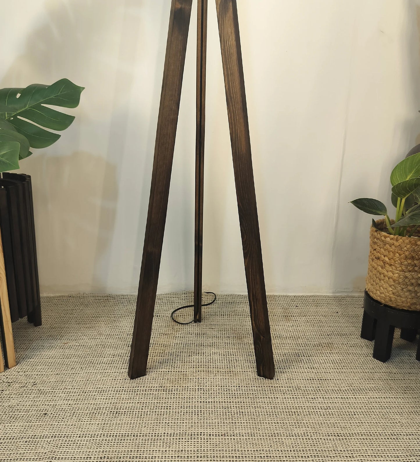 Triune Wooden Floor Lamp with Brown Base and Beige Fabric Lampshade - ArtyCraftz.com