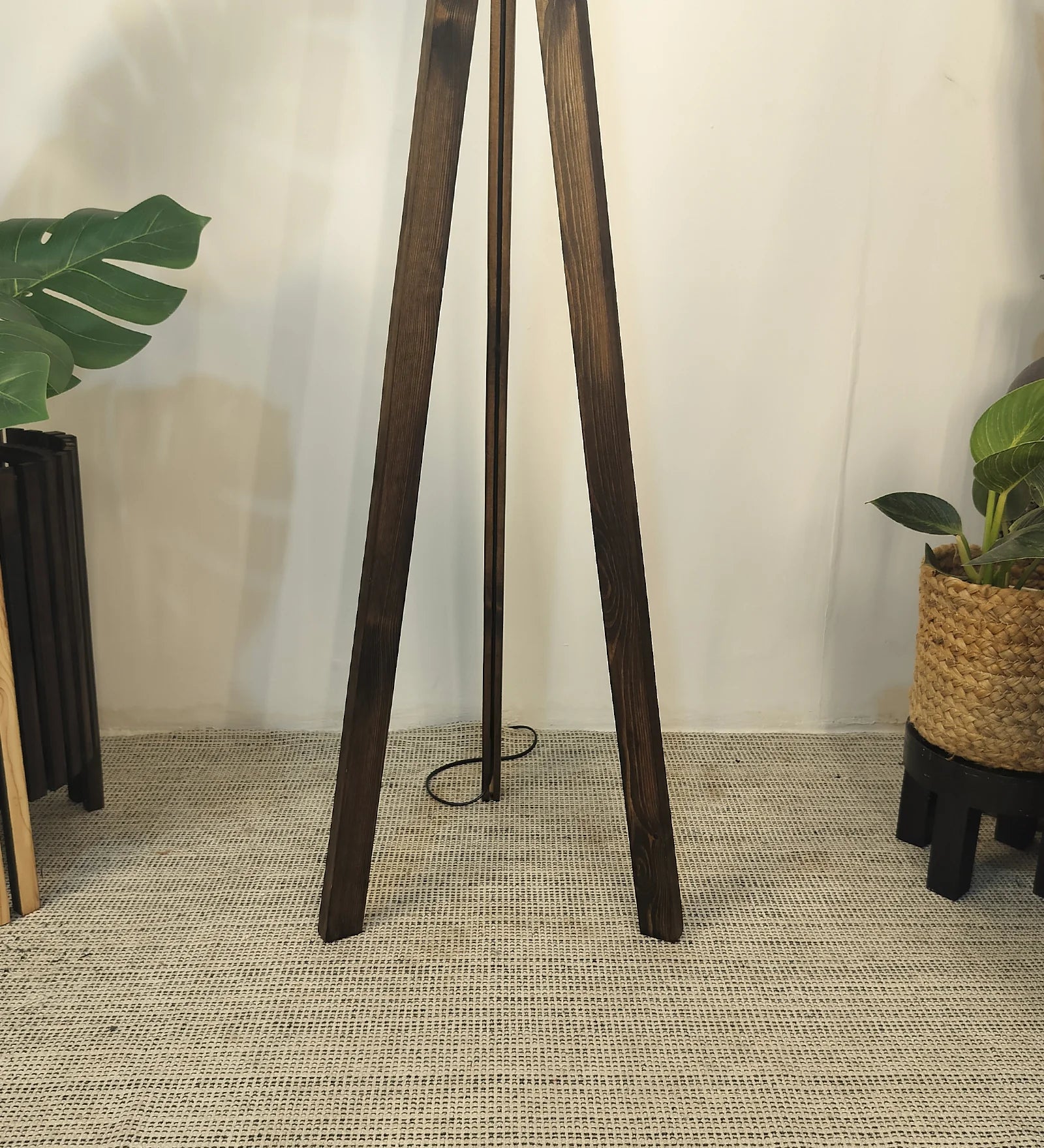 Triune Wooden Floor Lamp with Brown Base and Beige Fabric Lampshade - ArtyCraftz.com