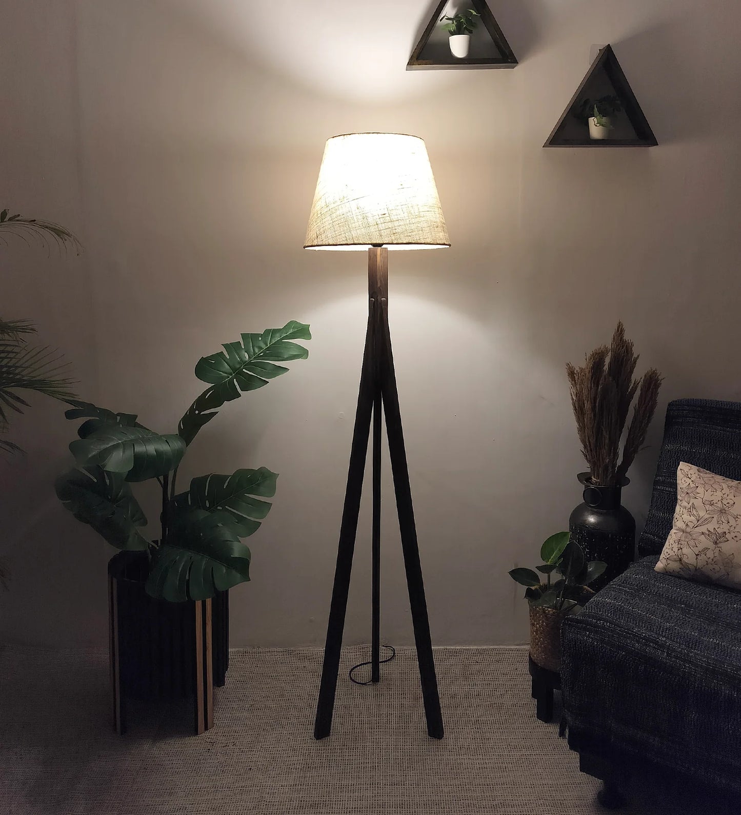 Triune Wooden Floor Lamp with Brown Base and Beige Fabric Lampshade - ArtyCraftz.com