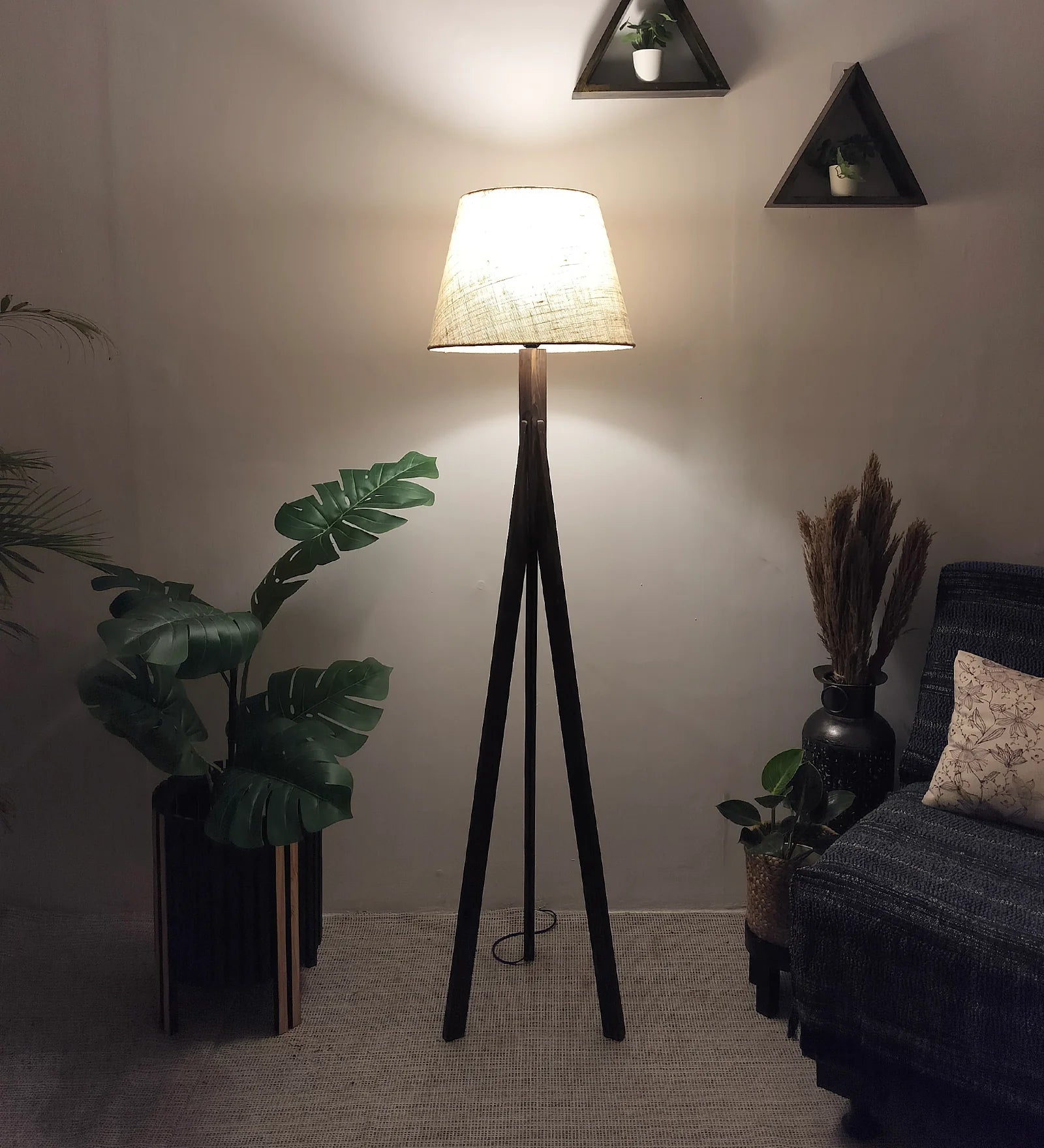 Triune Wooden Floor Lamp with Brown Base and Beige Fabric Lampshade - ArtyCraftz.com