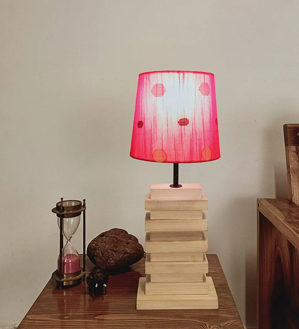 Truffle Beige Wooden Table Lamp with Red Printed Fabric Lampshade - ArtyCraftz.com