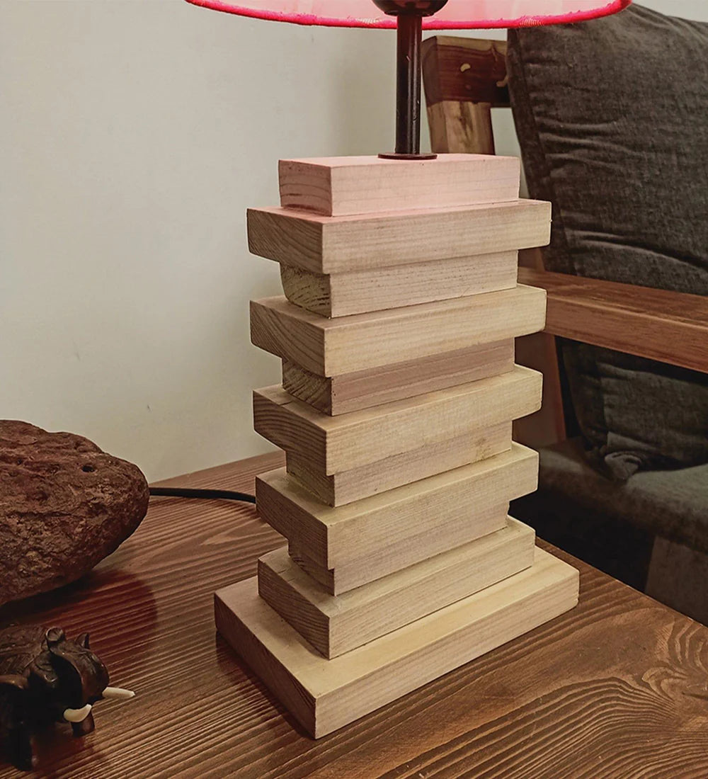 Truffle Beige Wooden Table Lamp with Red Printed Fabric Lampshade - ArtyCraftz.com