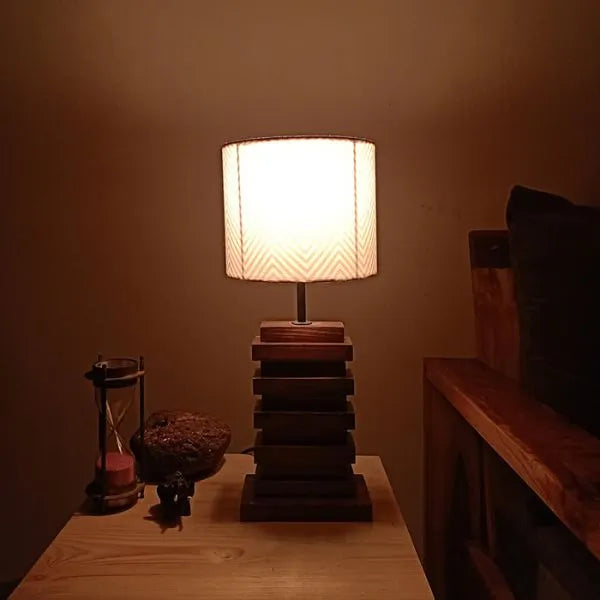 Truffle Brown Wooden Table Lamp with Yellow Printed Fabric Lampshade - ArtyCraftz.com
