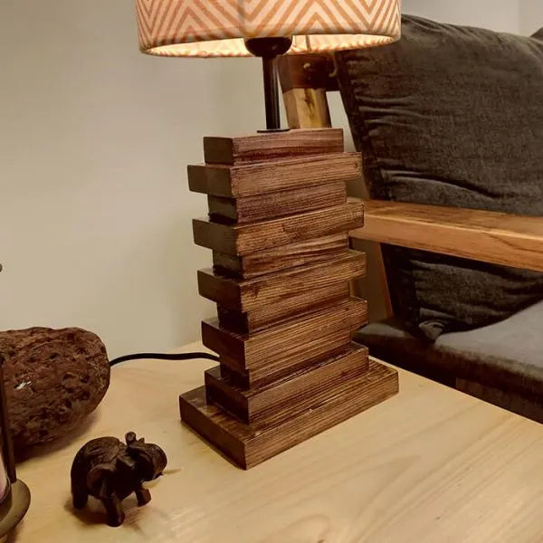 Truffle Brown Wooden Table Lamp with Yellow Printed Fabric Lampshade - ArtyCraftz.com