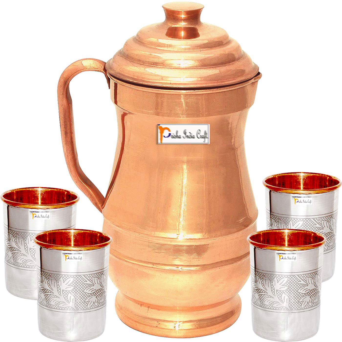 Pure Copper Maharaja Jug Pitcher, Drinkware Set, Copper Jug Capacity 1.8 litres with 4 Copper Glass/Tumblers (Jug Glass Set) - ArtyCraftz.com