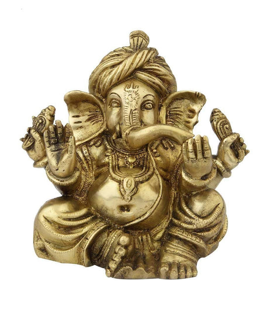 Brass Turban Ganesh Statue Golden Finish-ArtyCraftz.com