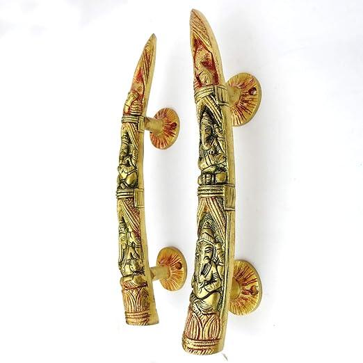 Tuskar Ganesha Carving Brass Door Handle Set of 2 Piece 5 x 5 x 27.5 Cm - ArtyCraftz.com