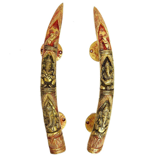 Tuskar Ganesha Carving Brass Door Handle Set of 2 Piece 5 x 5 x 27.5 Cm - ArtyCraftz.com