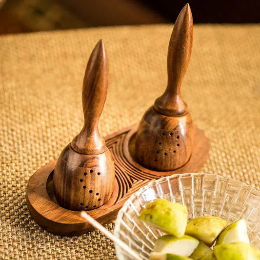 Unique Slanting Salt & Pepper Shaker With Tray In Sheesham Wood - ArtyCraftz.com