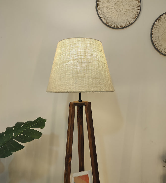 Vantage Wooden Floor Lamp with Brown Base and Jute Fabric Lampshade