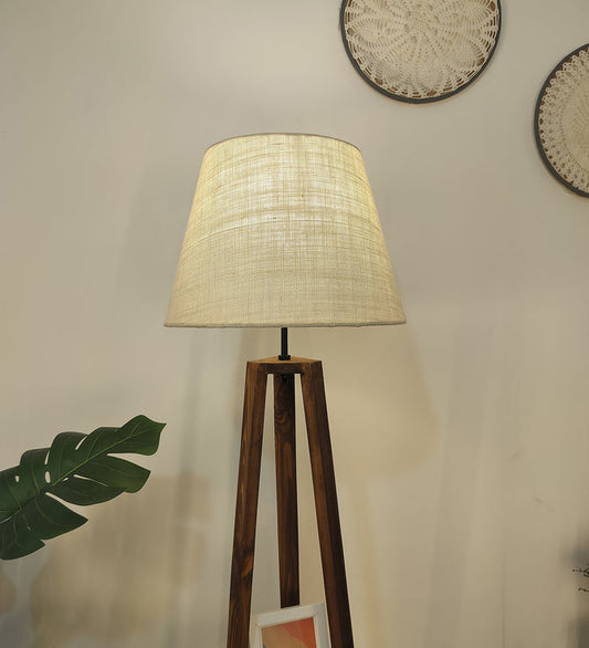 Vantage Wooden Floor Lamp with Brown Base and Jute Fabric Lampshade