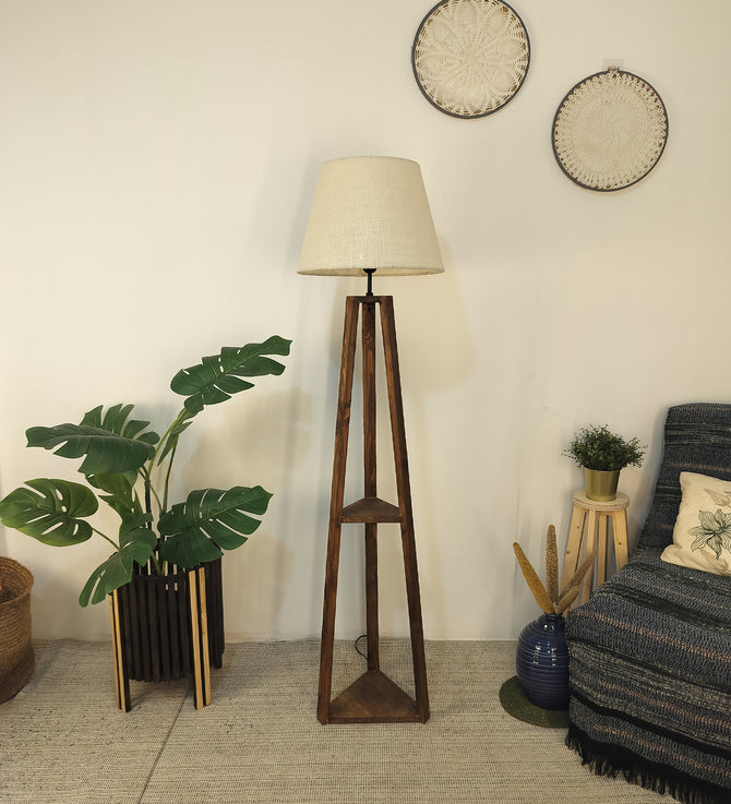 Vantage Wooden Floor Lamp with Brown Base and Jute Fabric Lampshade
