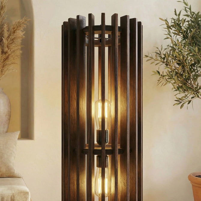 Slatted Wooden Column Floor Lamp - Modern Dual-Light Accent-artycraftz.com