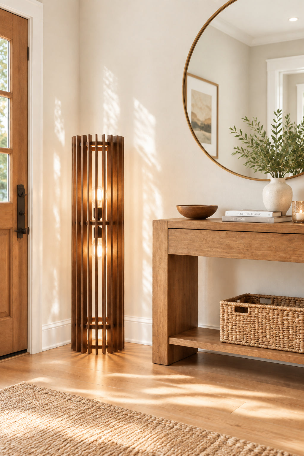 Slatted Wooden Column Floor Lamp - Modern Dual-Light Accent-artycraftz.com