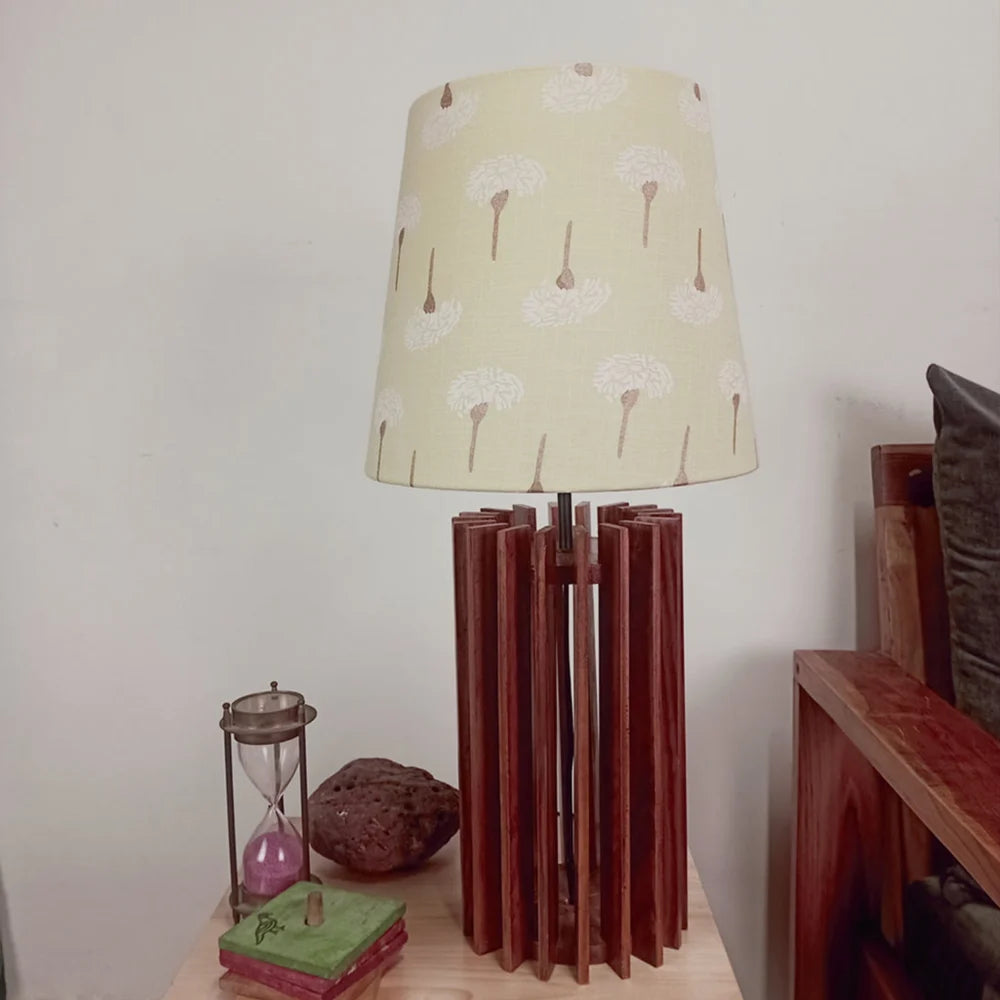 Ventus Brown Wooden Table Lamp with Yellow Printed Fabric Lampshade - ArtyCraftz.com