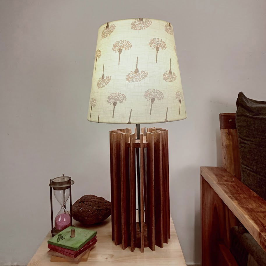 Ventus Brown Wooden Table Lamp with Yellow Printed Fabric Lampshade - ArtyCraftz.com