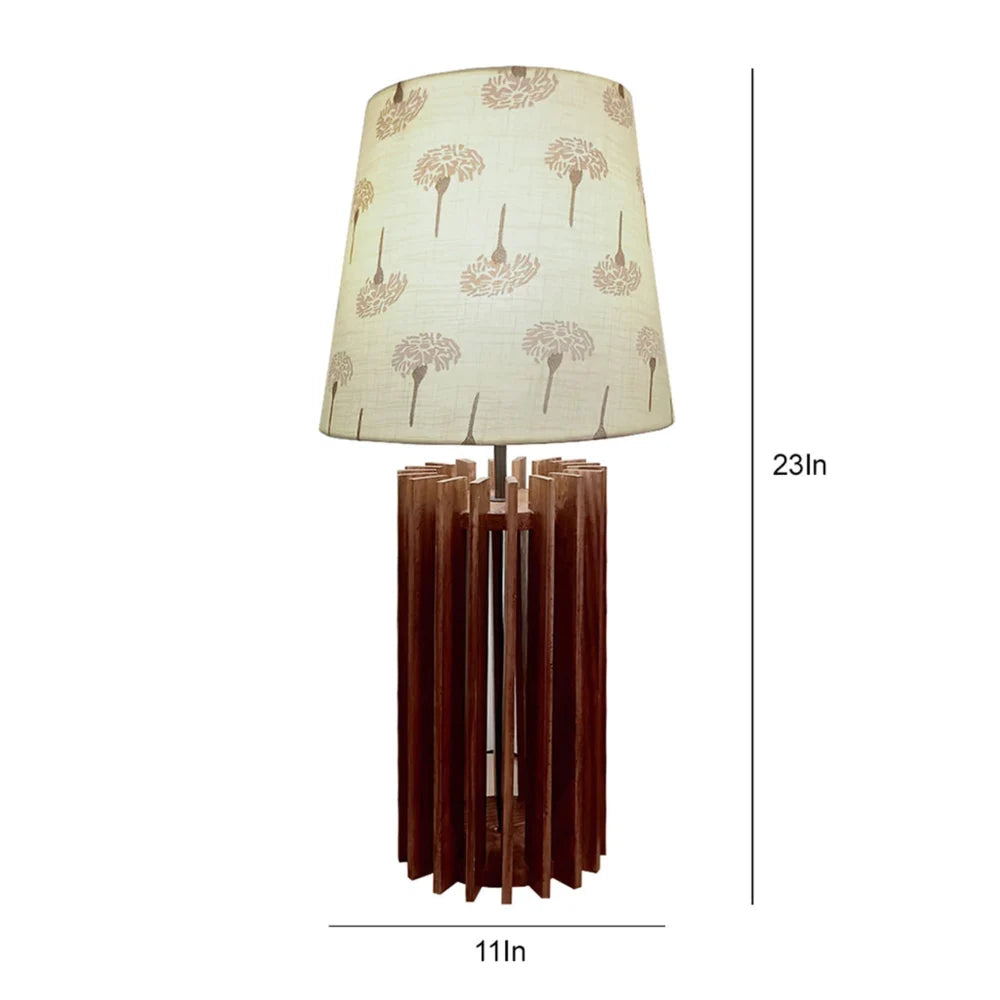 Ventus Brown Wooden Table Lamp with Yellow Printed Fabric Lampshade - ArtyCraftz.com