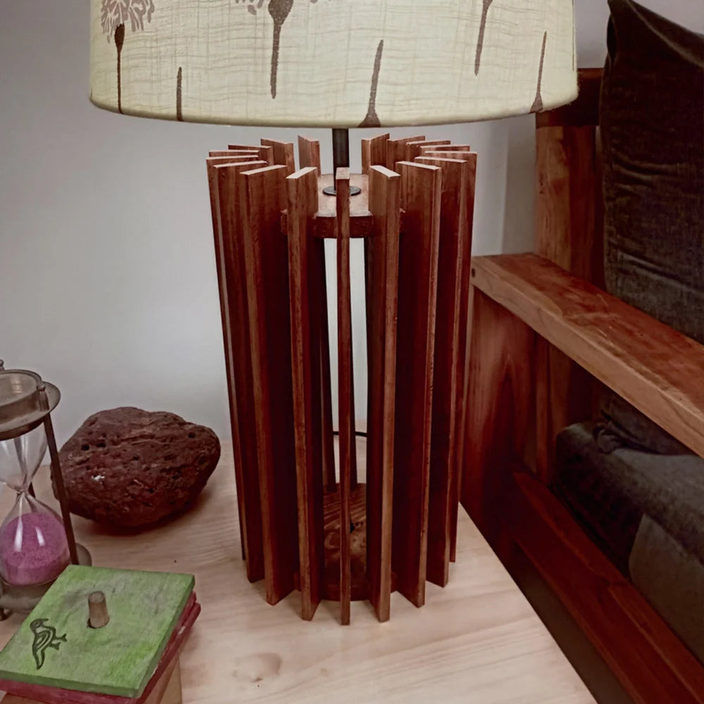 Ventus Brown Wooden Table Lamp with Yellow Printed Fabric Lampshade - ArtyCraftz.com